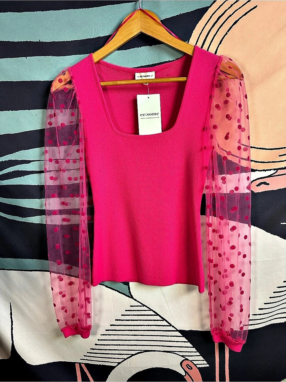ee:some Hot Pink Scoop Neck Top with Polka Dot Mesh Sleeves